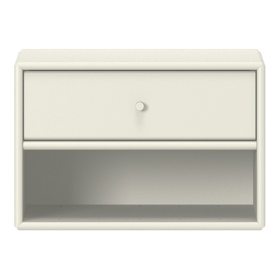 Simple cream nightstand with a single drawer and open shelf, featuring a smooth, minimalist design.