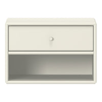 Simple cream nightstand with a single drawer and open shelf, featuring a smooth, minimalist design.