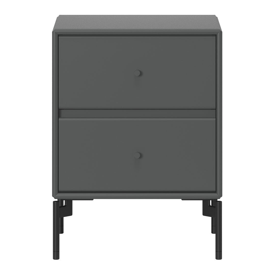 Gray two-drawer nightstand with a sleek matte finish and minimalist design, featuring black metal legs and knobs.