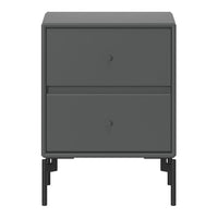 Gray two-drawer nightstand with a sleek matte finish and minimalist design, featuring black metal legs and knobs.