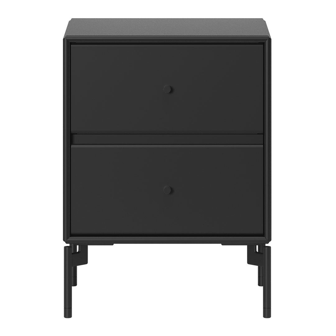 Sleek black nightstand with a minimalist design and two spacious drawers, perfect for modern decor.