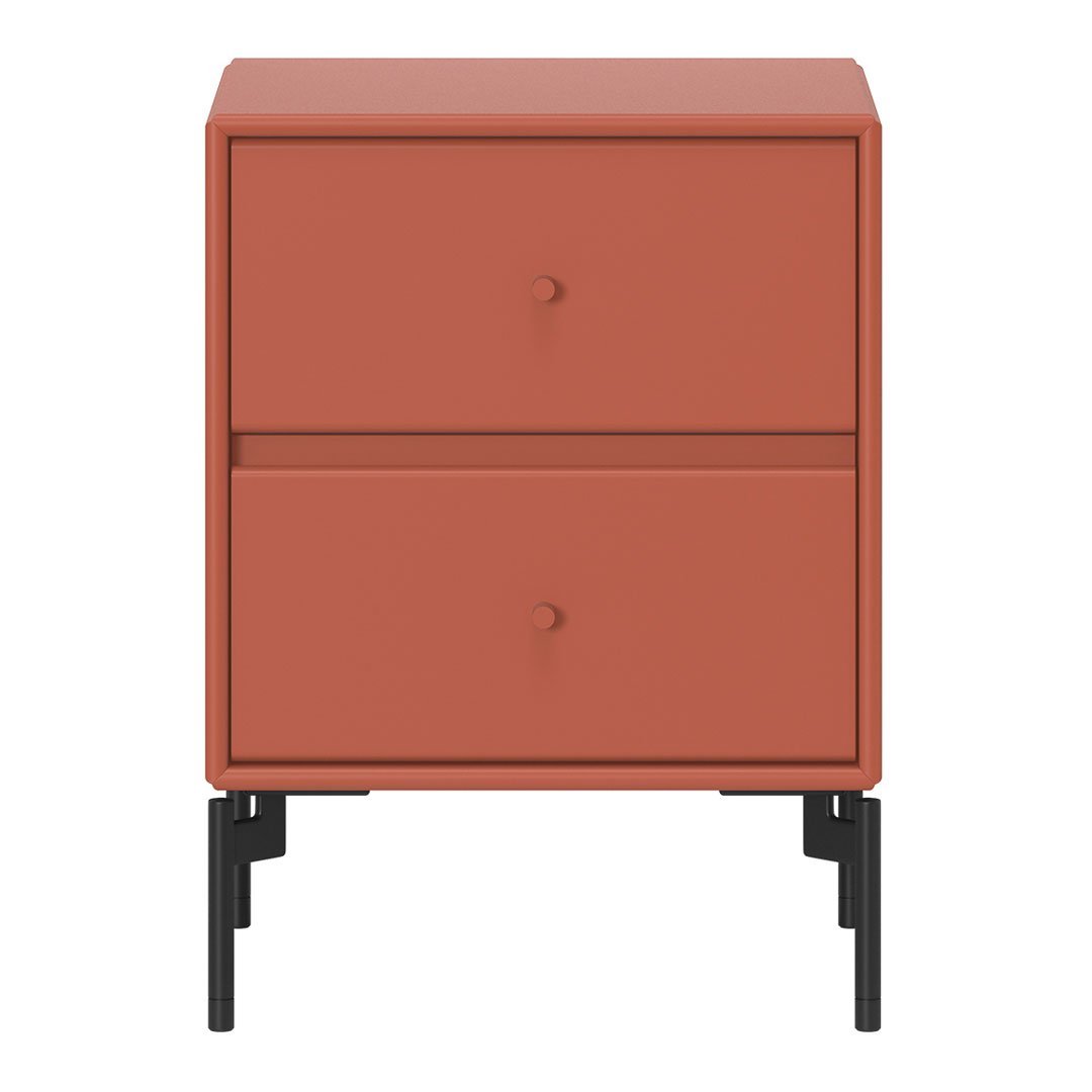 Modern coral nightstand with matte finish, featuring two drawers and sleek black legs. Ideal for stylish interiors.