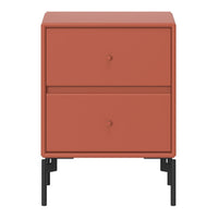 Modern coral nightstand with matte finish, featuring two drawers and sleek black legs. Ideal for stylish interiors.