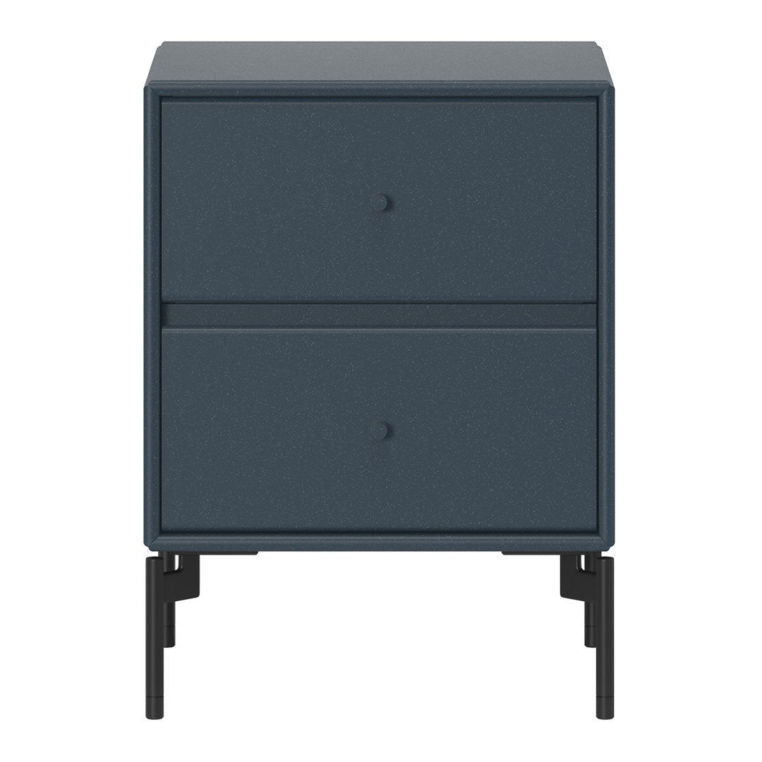 Navy blue nightstand with a textured finish and sleek black legs, featuring two spacious drawers.