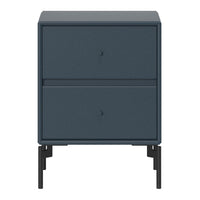Navy blue nightstand with a textured finish and sleek black legs, featuring two spacious drawers.