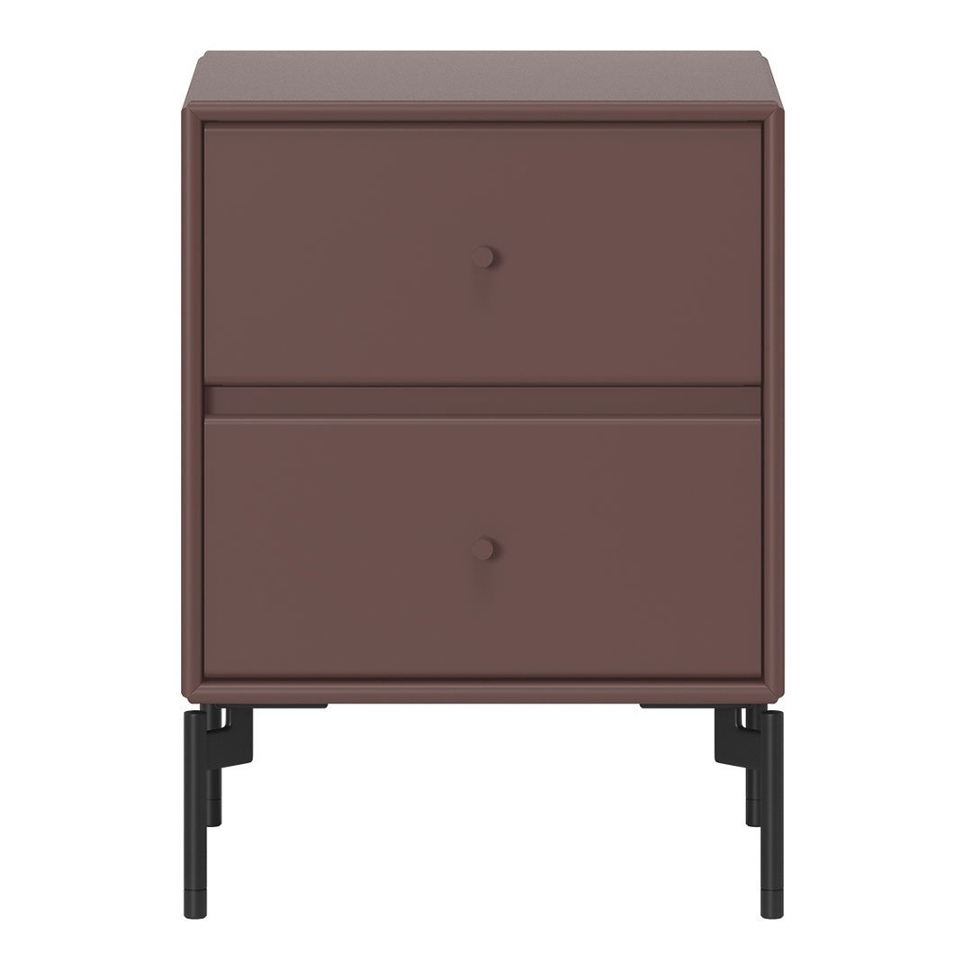 Brown nightstand with two drawers, featuring a sleek matte finish and black metal legs for a modern touch.