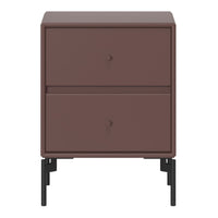 Brown nightstand with two drawers, featuring a sleek matte finish and black metal legs for a modern touch.
