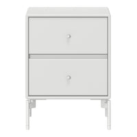 White bedside table with two drawers featuring a minimalistic design and smooth finish, complemented by simple silver knobs.