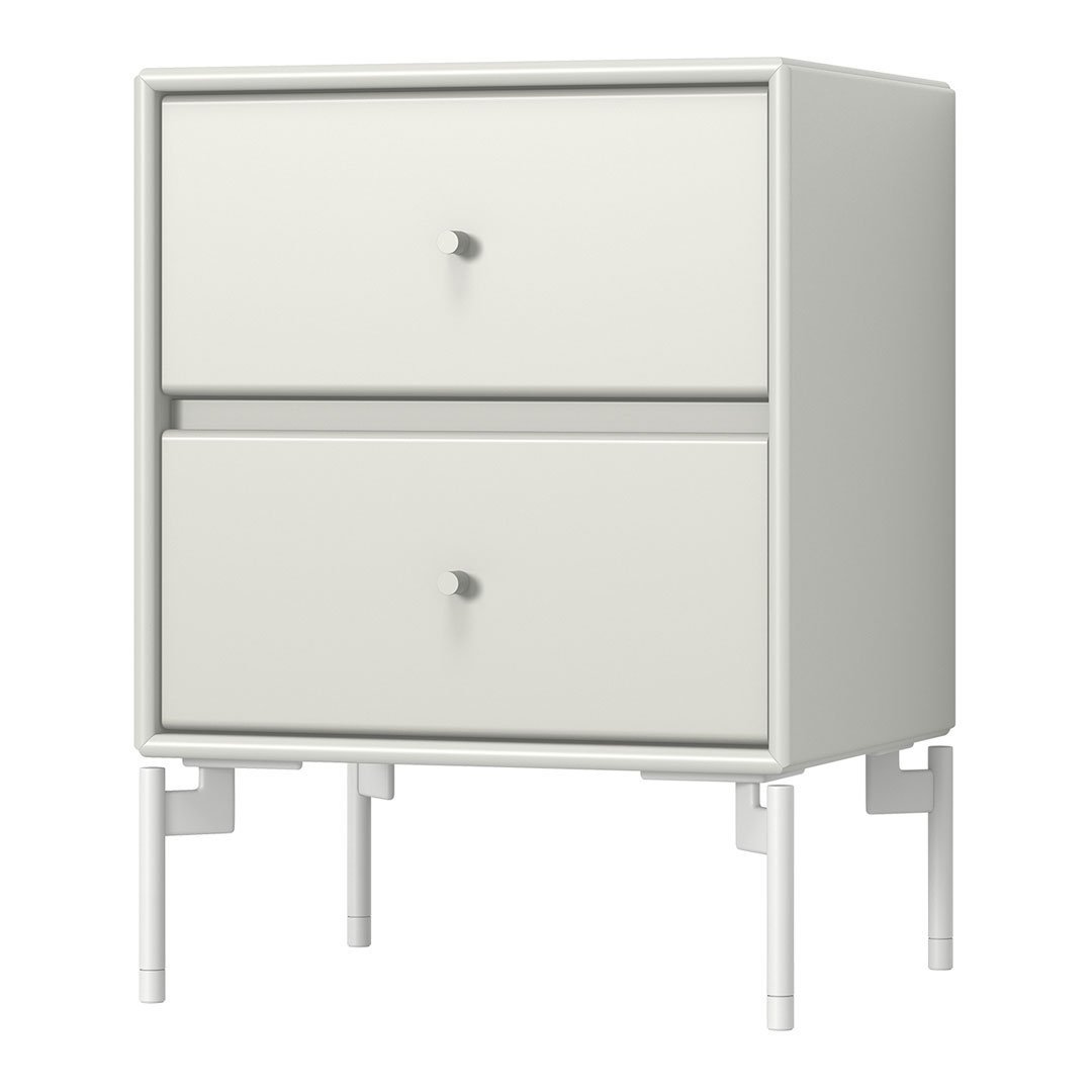 Modern white nightstand with smooth finish and minimalist design, featuring two spacious drawers and silver knobs.