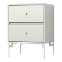 Modern white nightstand with smooth finish and minimalist design, featuring two spacious drawers and silver knobs.