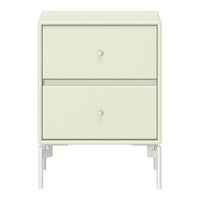 Light green nightstand with two drawers and white legs, featuring a sleek, modern design.