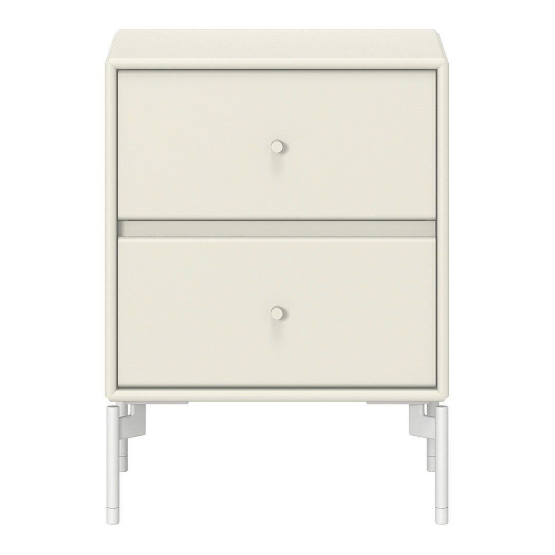 Cream-colored nightstand with clean lines and minimalist design, featuring two drawers and white metal legs.