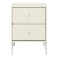 Cream-colored nightstand with clean lines and minimalist design, featuring two drawers and white metal legs.
