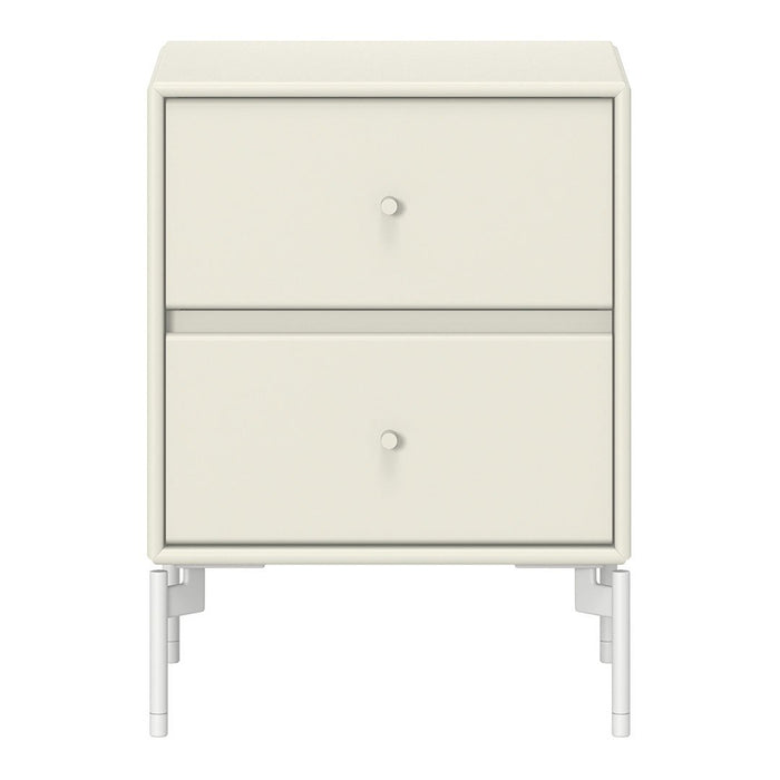 Cream-colored nightstand with clean lines and minimalist design, featuring two drawers and white metal legs.