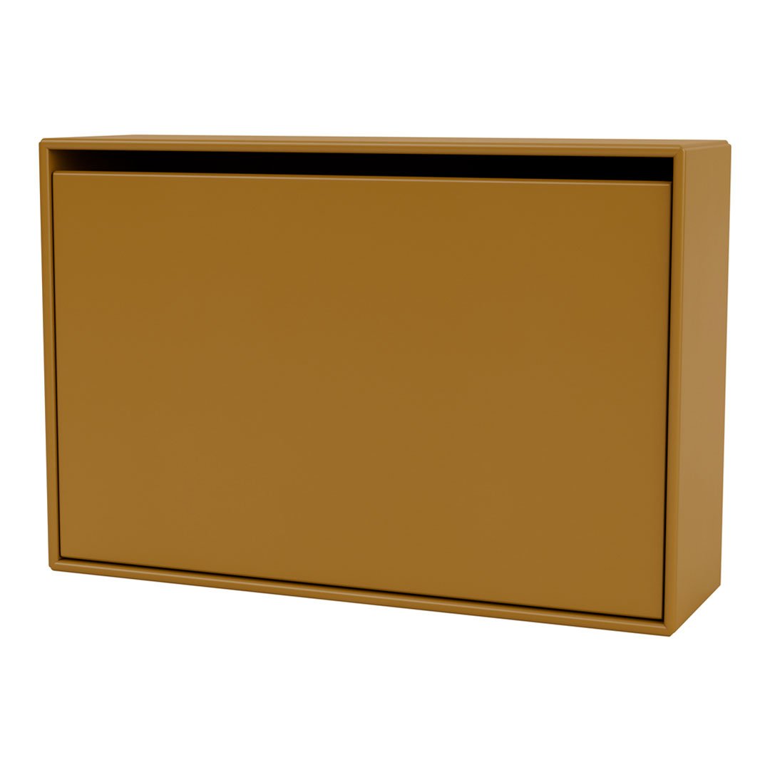 Modern storage cabinet in warm mustard yellow with a sleek, minimalist design and smooth, matte finish.
