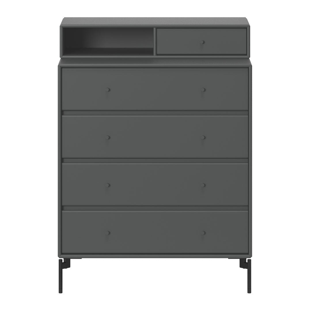 Gray modern dresser with sleek lines and minimalistic design featuring a matte finish and contrasting black legs.
