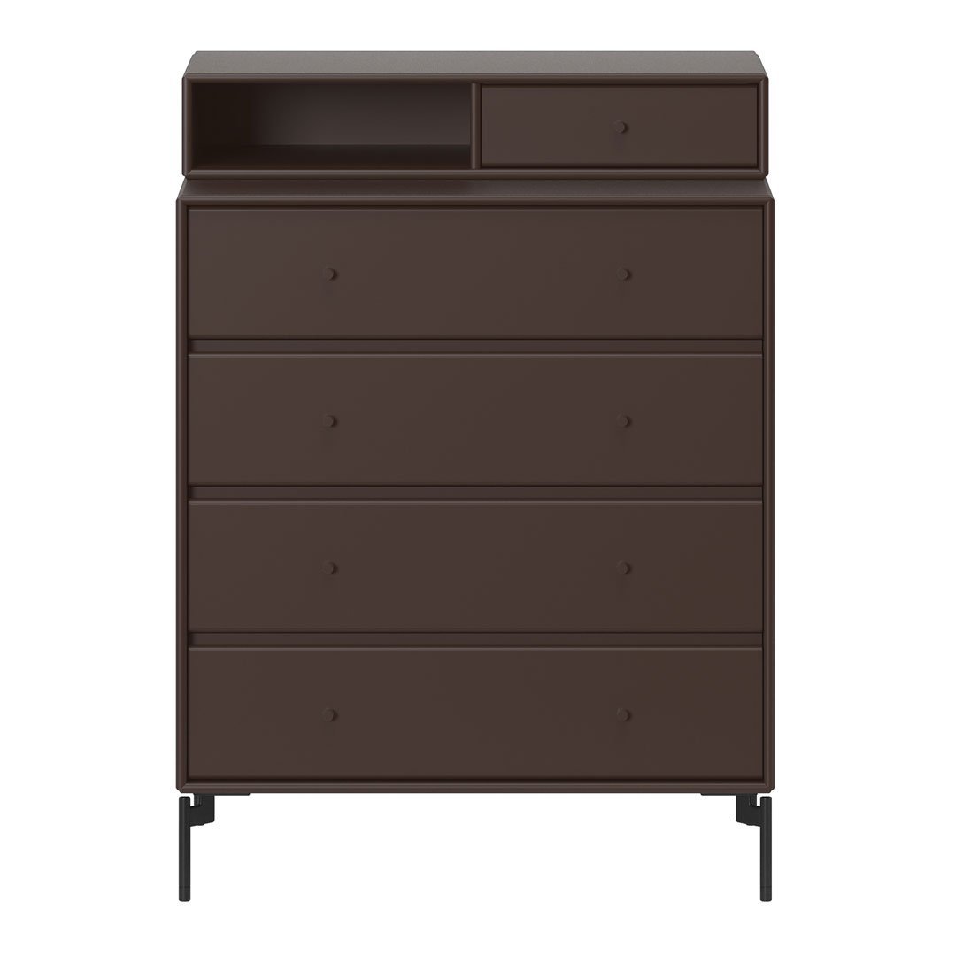 Dark brown dresser with sleek matte finish and simple, modern lines; features a minimalistic design and subtle patterns.