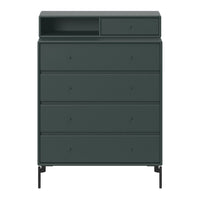 Dark green dresser with a sleek matte finish and minimalist design, featuring a mix of drawer sizes and black legs.