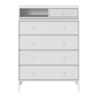 White chest of drawers with smooth surfaces and minimalistic design, featuring five drawers and a top open shelf.