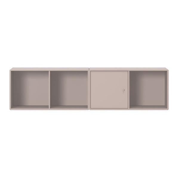Light beige shelving unit with smooth surfaces and minimalist design, featuring three open compartments and one door.
