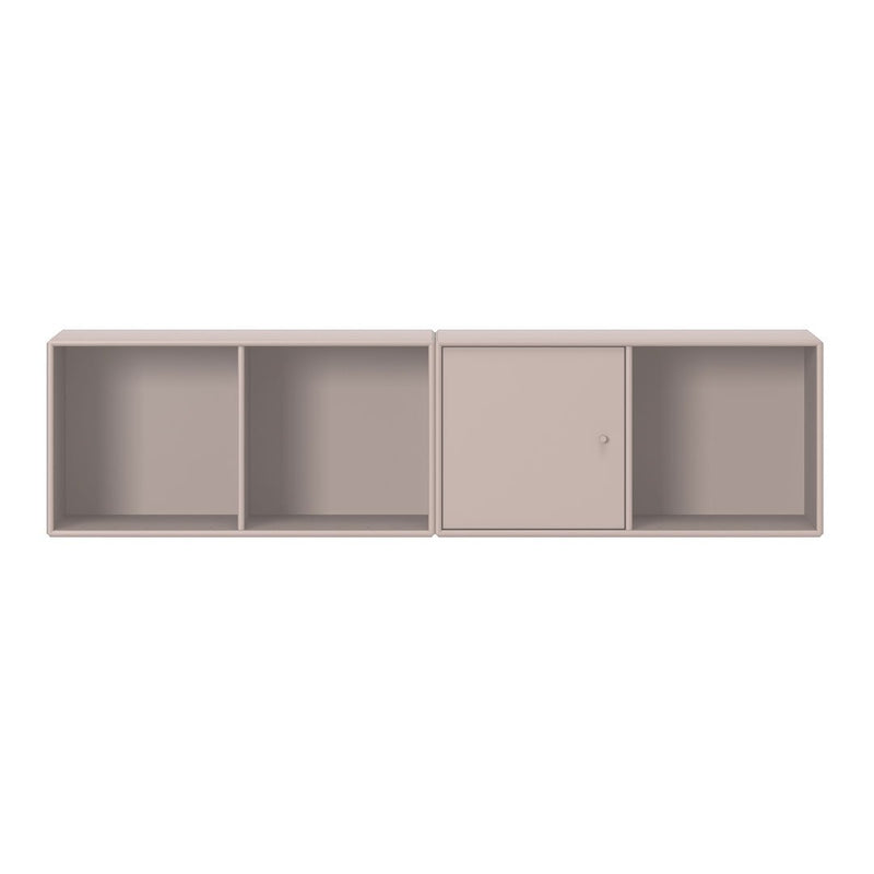 Light beige shelving unit with smooth surfaces and minimalist design, featuring three open compartments and one door.