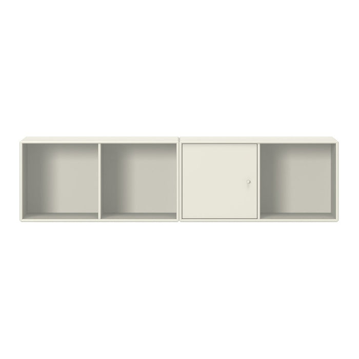 Light gray wall-mounted shelf with three open compartments and one closed cabinet. Sleek, modern design.