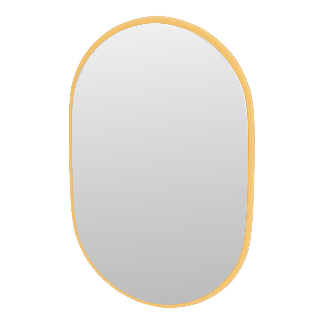 "Rounded mirror with a sleek, yellow frame and a reflective silver surface, perfect for modern decor."