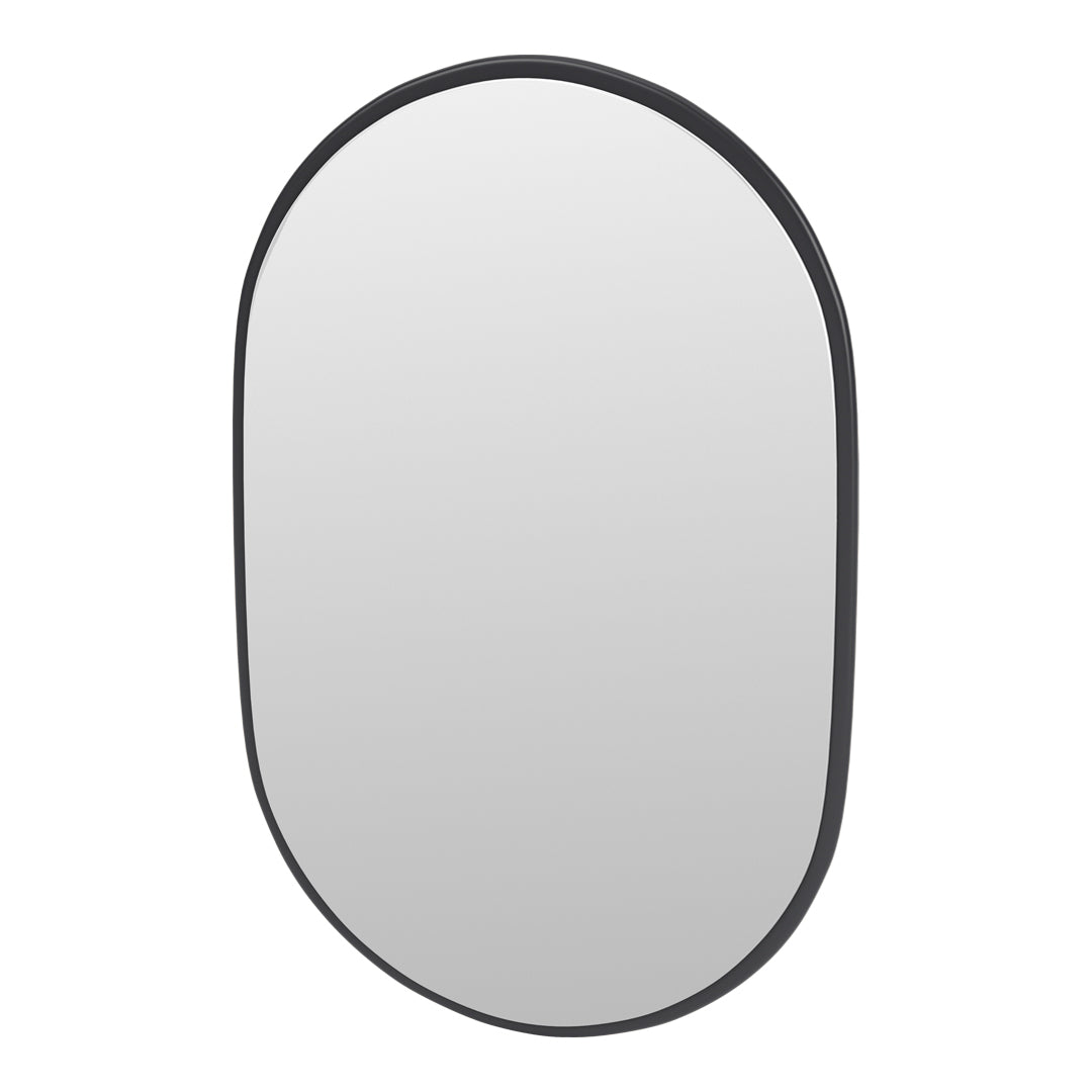 Sleek black-framed oval mirror with a smooth, reflective surface and minimalist design. Perfect for modern decor.