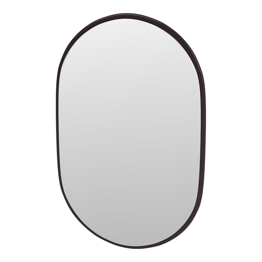 Oval wall mirror with a sleek black frame, reflecting minimalistic style and modern elegance.
