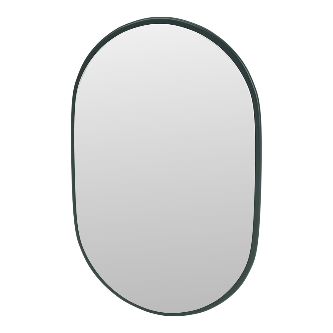 Green-framed oval mirror with a smooth, minimalist design and a clear reflective surface. Perfect for modern decor.