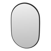 "Minimalist oval mirror with a sleek black frame, showcasing a smooth reflective surface."
