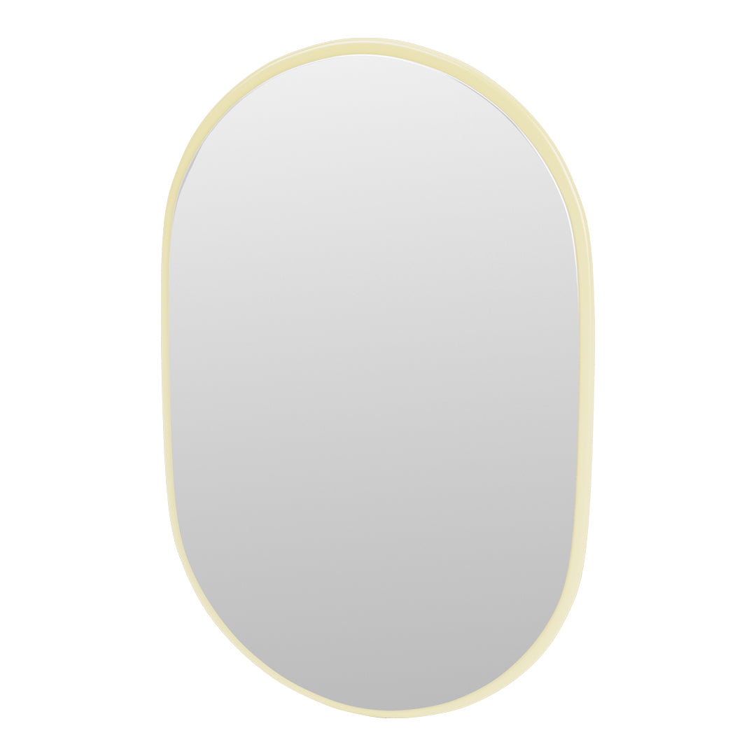 "Stylish oval mirror with a soft yellow frame and a sleek, minimalist design, perfect for modern decor."