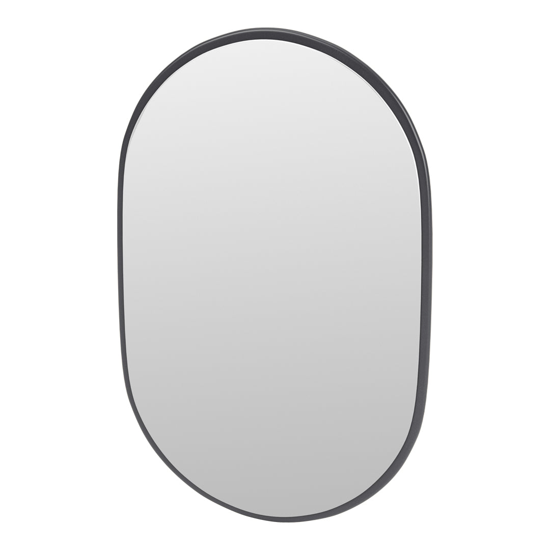 Oval mirror with a sleek black border, featuring a reflective surface for modern decor.