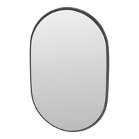 Oval mirror with a sleek black border, featuring a reflective surface for modern decor.
