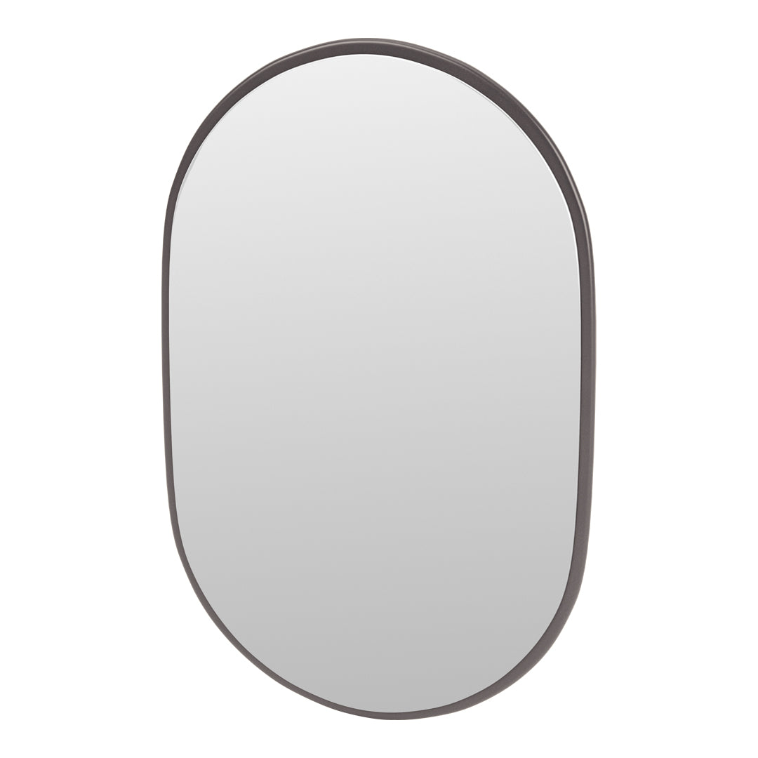 Oval mirror with a sleek gray frame, featuring a minimalist design and smooth reflective surface. Perfect for modern decor.