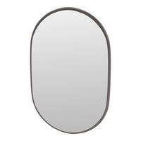 Oval mirror with a sleek gray frame, featuring a minimalist design and smooth reflective surface. Perfect for modern decor.
