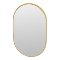 Gold-framed oval mirror with a sleek, minimalist design and a reflective surface. Ideal for modern decor.