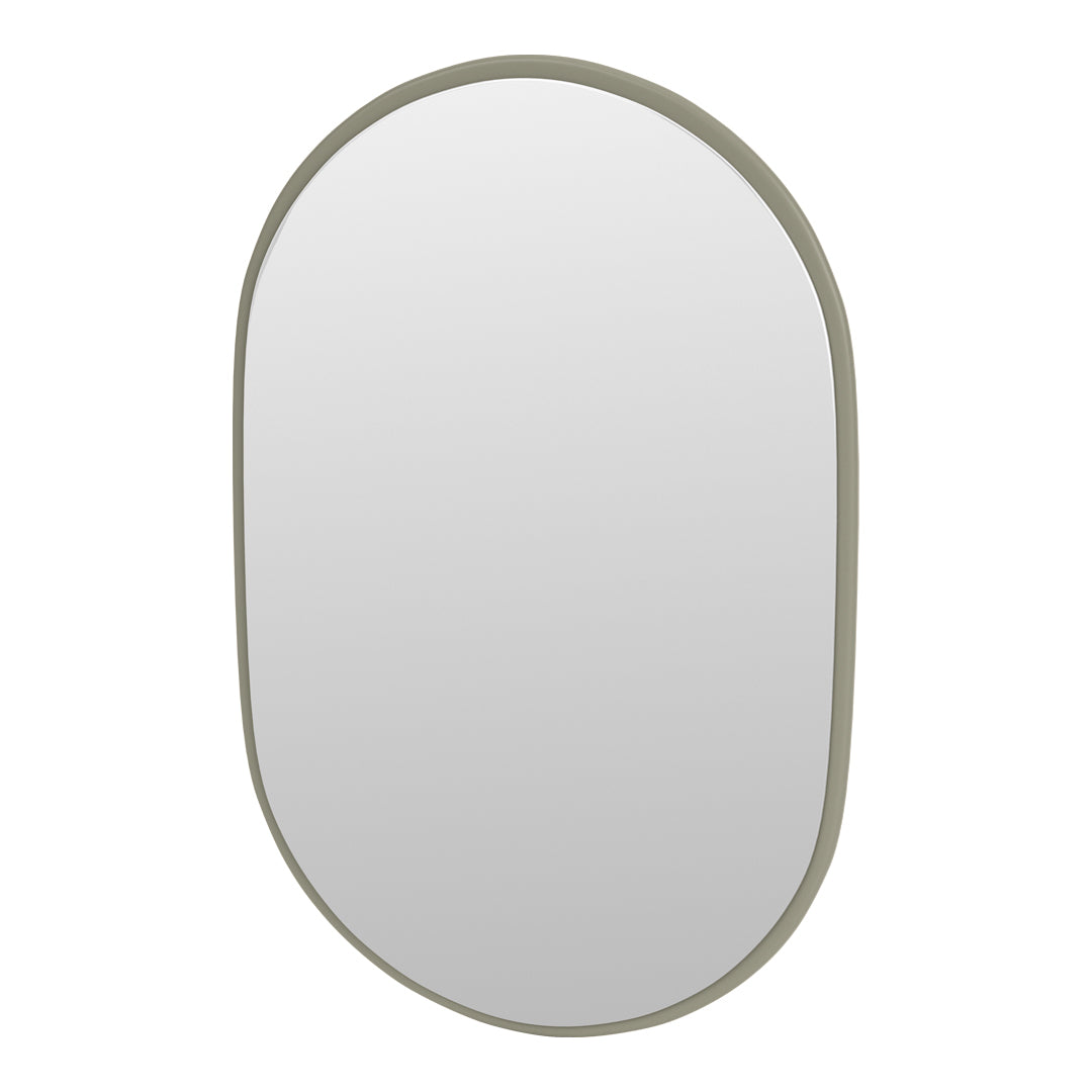 Oval mirror with a sleek, soft green frame, featuring a minimalist design and a smooth reflective surface.
