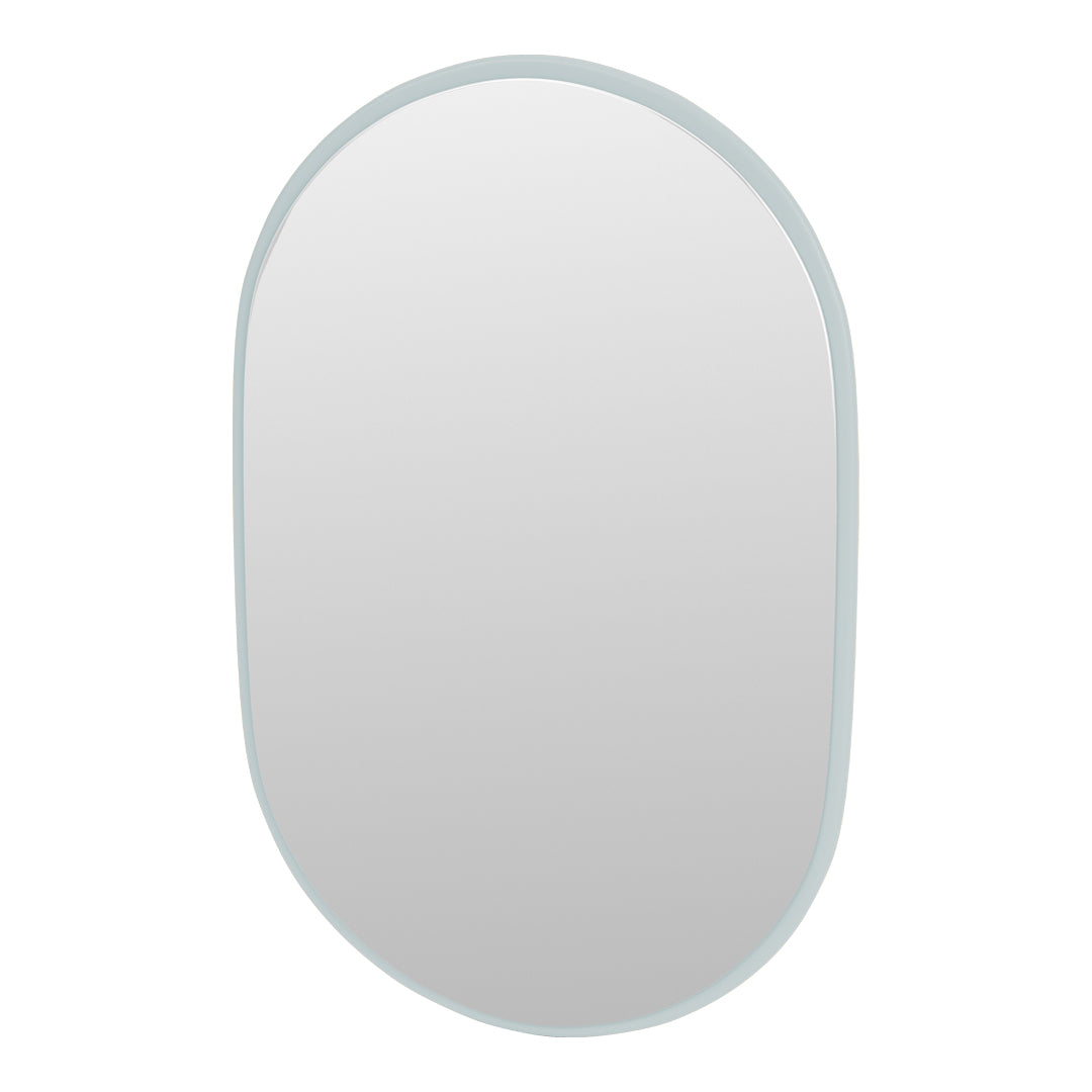 Oval mirror with a light blue frame, featuring a minimalist design and smooth reflective surface. Perfect for any decor.