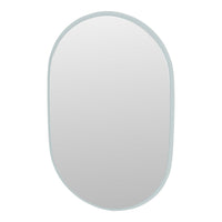 Oval mirror with a light blue frame, featuring a minimalist design and smooth reflective surface. Perfect for any decor.