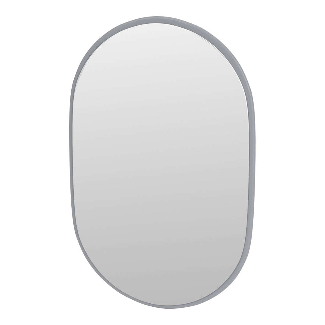 Oval mirror with a sleek gray border, featuring a minimalist design and a smooth reflective surface.