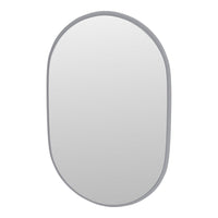 Oval mirror with a sleek gray border, featuring a minimalist design and a smooth reflective surface.