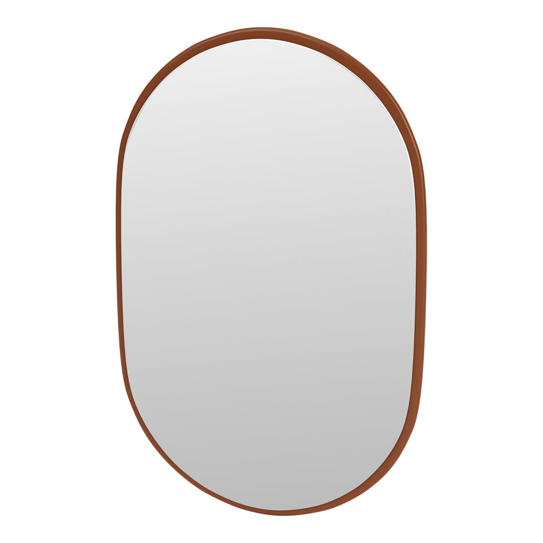 Oval wall mirror with a warm brown frame, featuring a smooth, sleek design for modern decor.