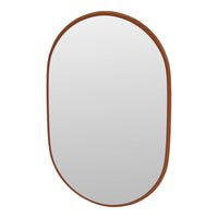Oval wall mirror with a warm brown frame, featuring a smooth, sleek design for modern decor.