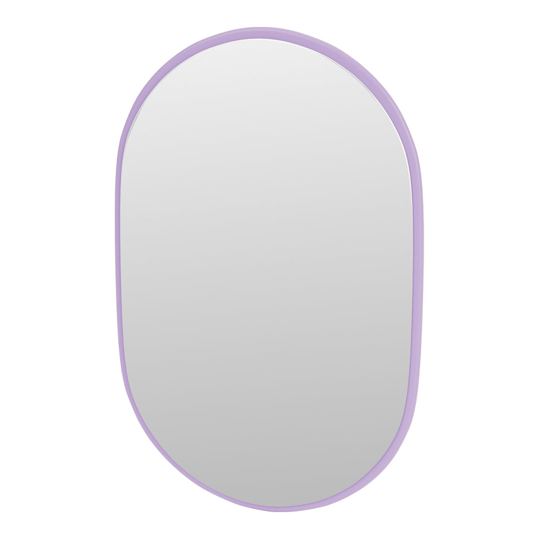 Oval mirror with a soft lavender frame, featuring a sleek, modern design and reflective glass surface.