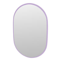 Oval mirror with a soft lavender frame, featuring a sleek, modern design and reflective glass surface.
