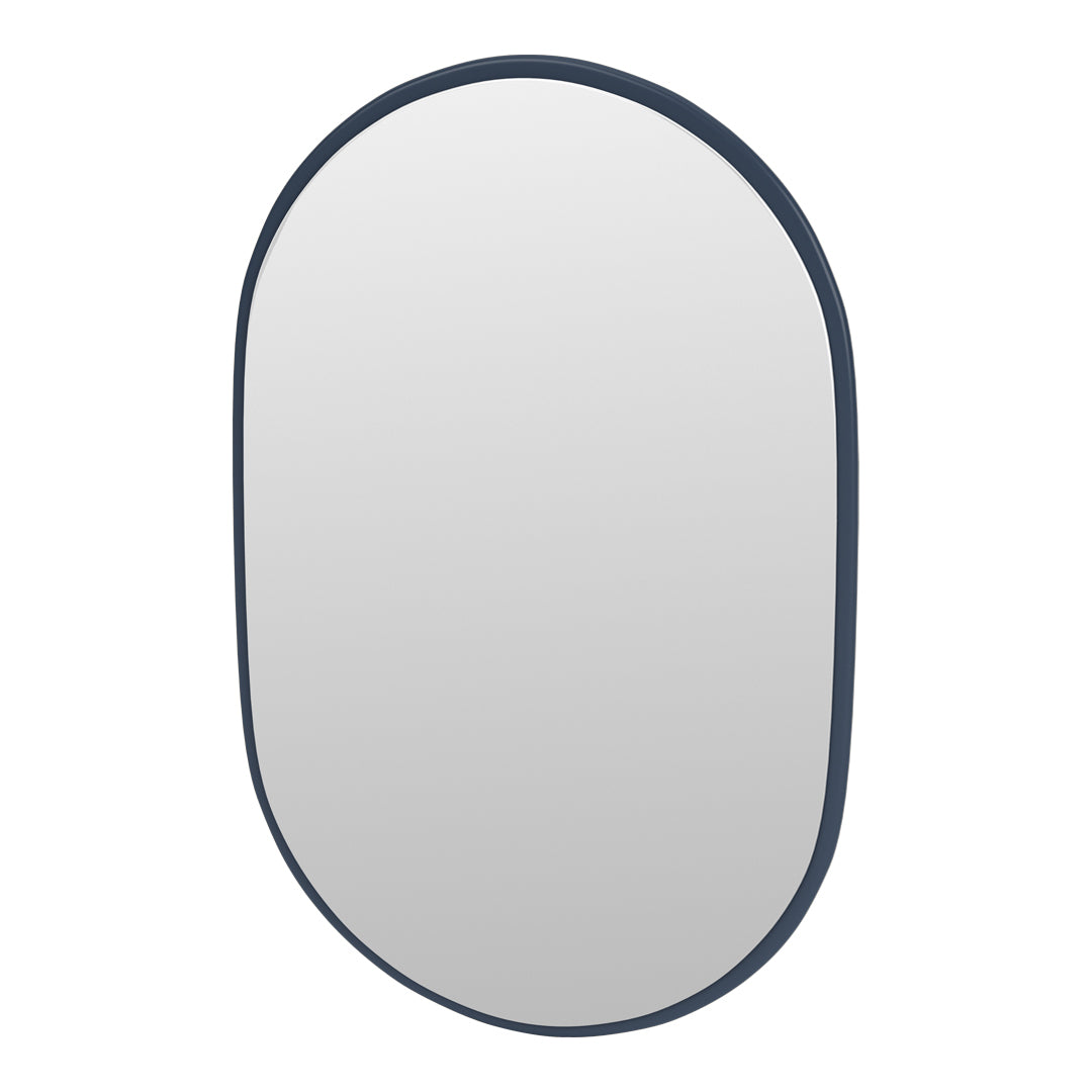 Sleek oval mirror with a dark blue frame and smooth, minimalist design, perfect for modern decor.