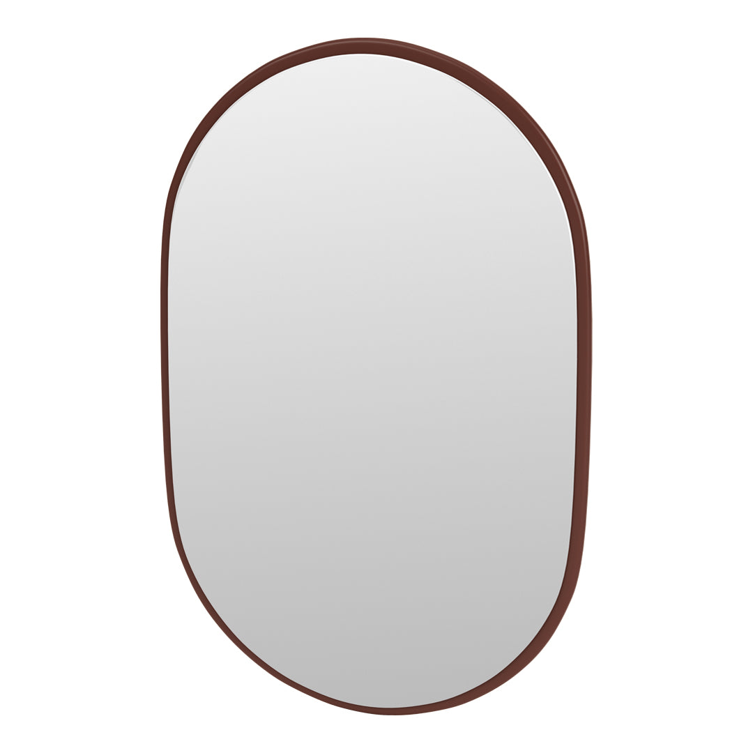 Brown oval framed mirror with a smooth, reflective surface and minimalist design, ideal for modern decor.