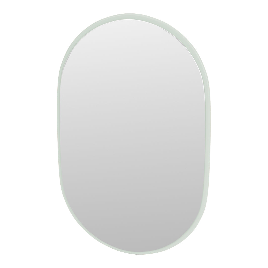 Light green oval mirror with a minimalist design and clear reflective surface. Perfect for modern decor.