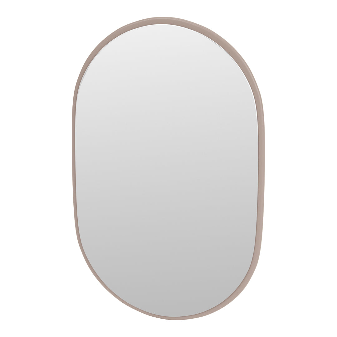Oval mirror with a soft beige frame and a sleek reflective surface, perfect for modern decor.